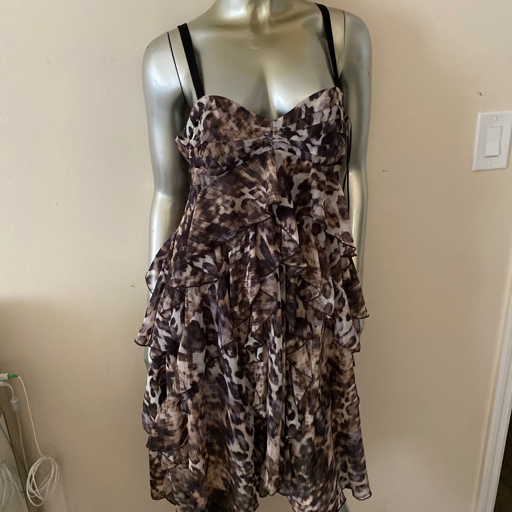 animal print ruffles flare strapped dress size 10 brown multi colorful